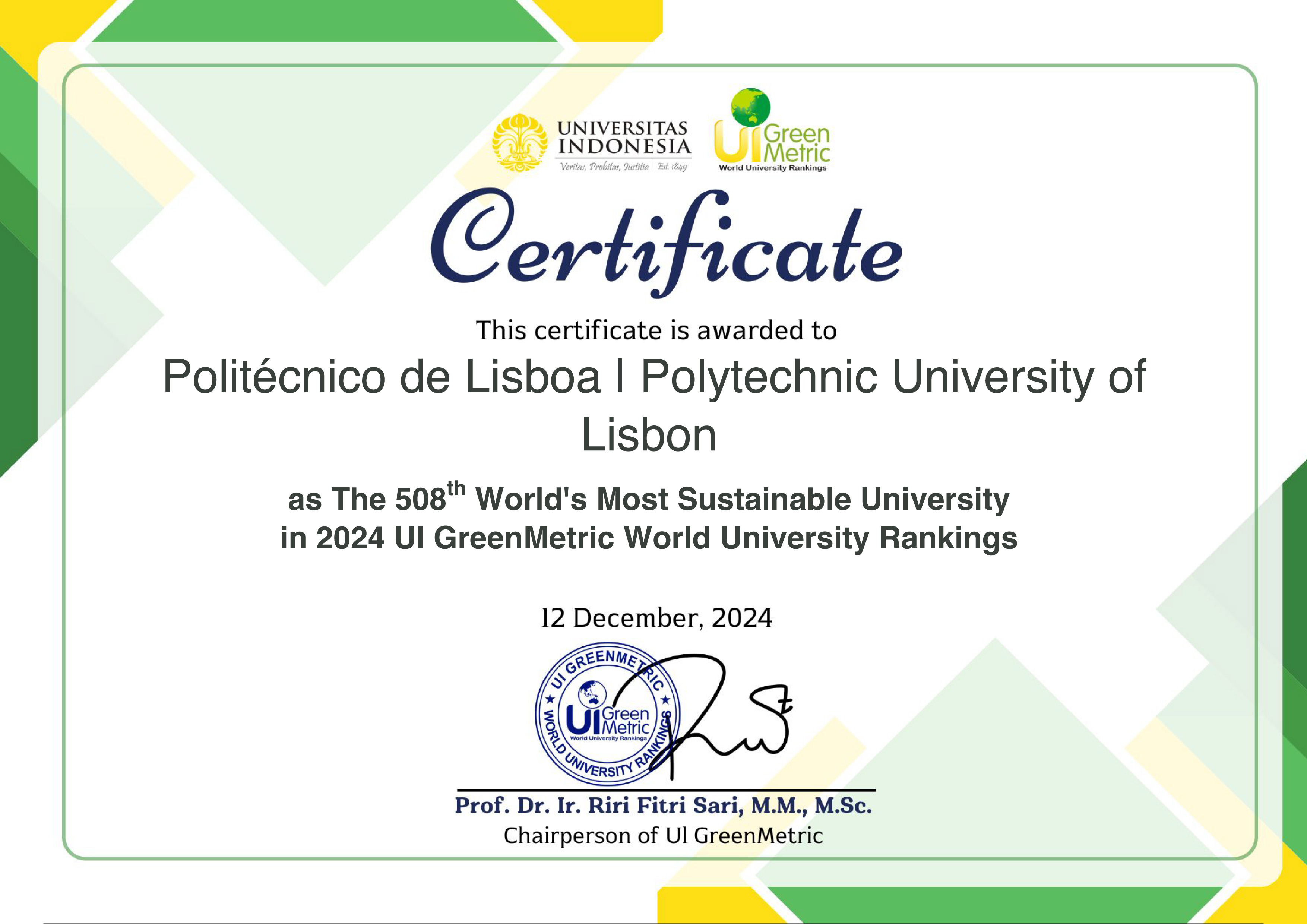 Certificado do IPL - "UI GreenMetric orld University Rankings"