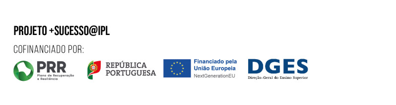 Logotipos do Projeto +Sucesso@IPL: PRR, República Portuguesa, União Europeia e DGES